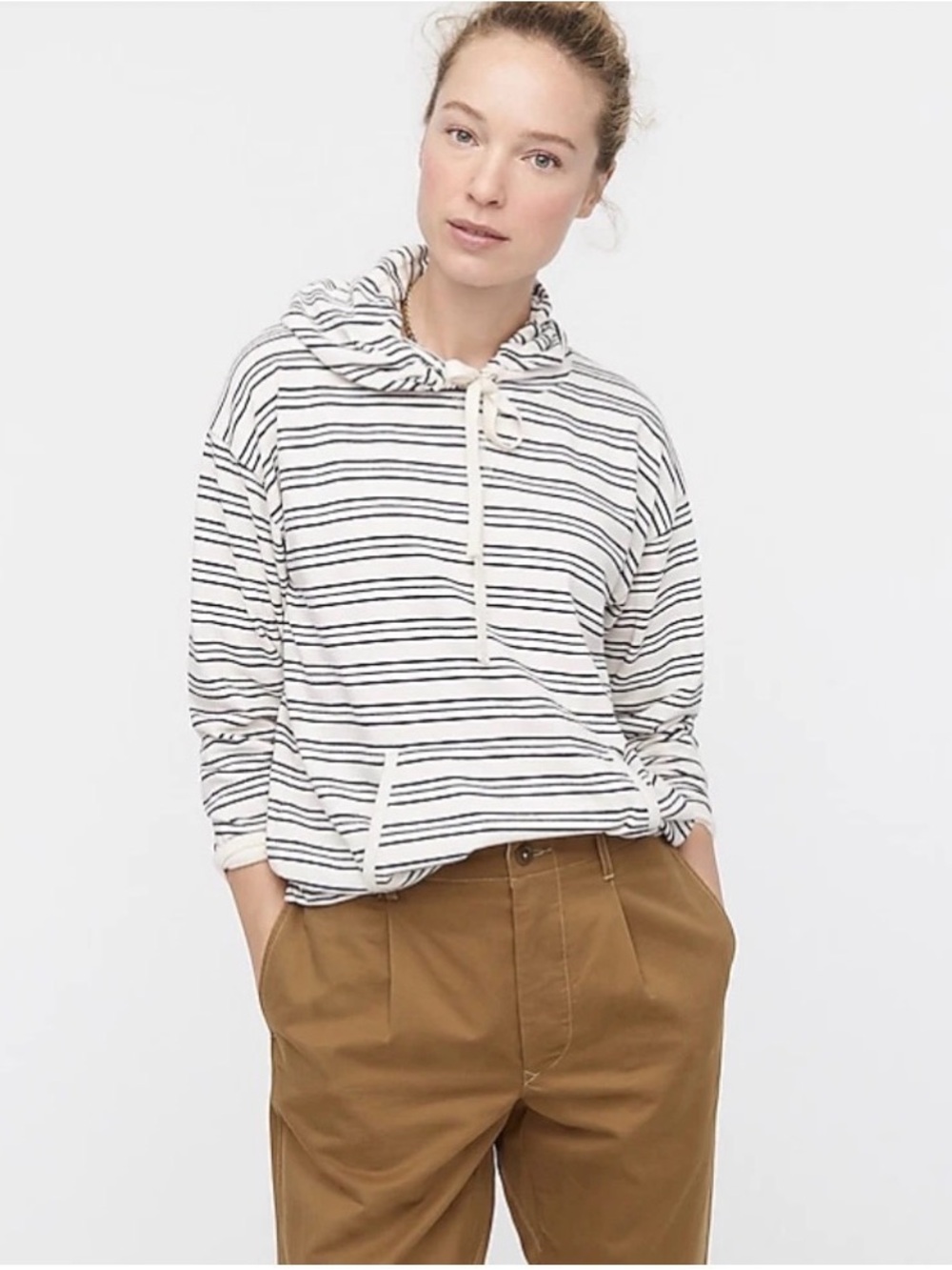 J Crew Drawstring Hoodie in Striped Terry Size Medium